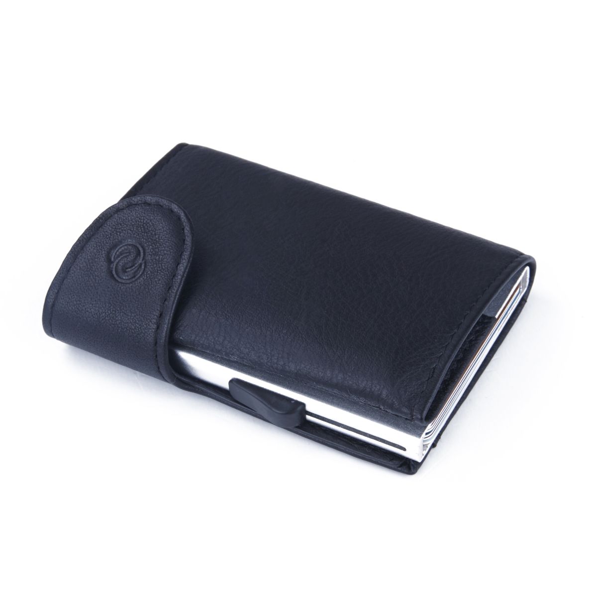 C-Secure Aluminum Card Holder with Genuine Leather - Black